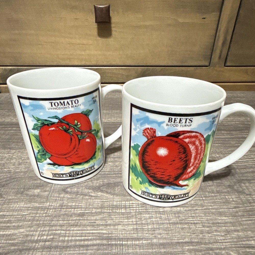 Vintage Japan Burt's Seed Packet Mugs Beets Tomato 7646 Set of 2